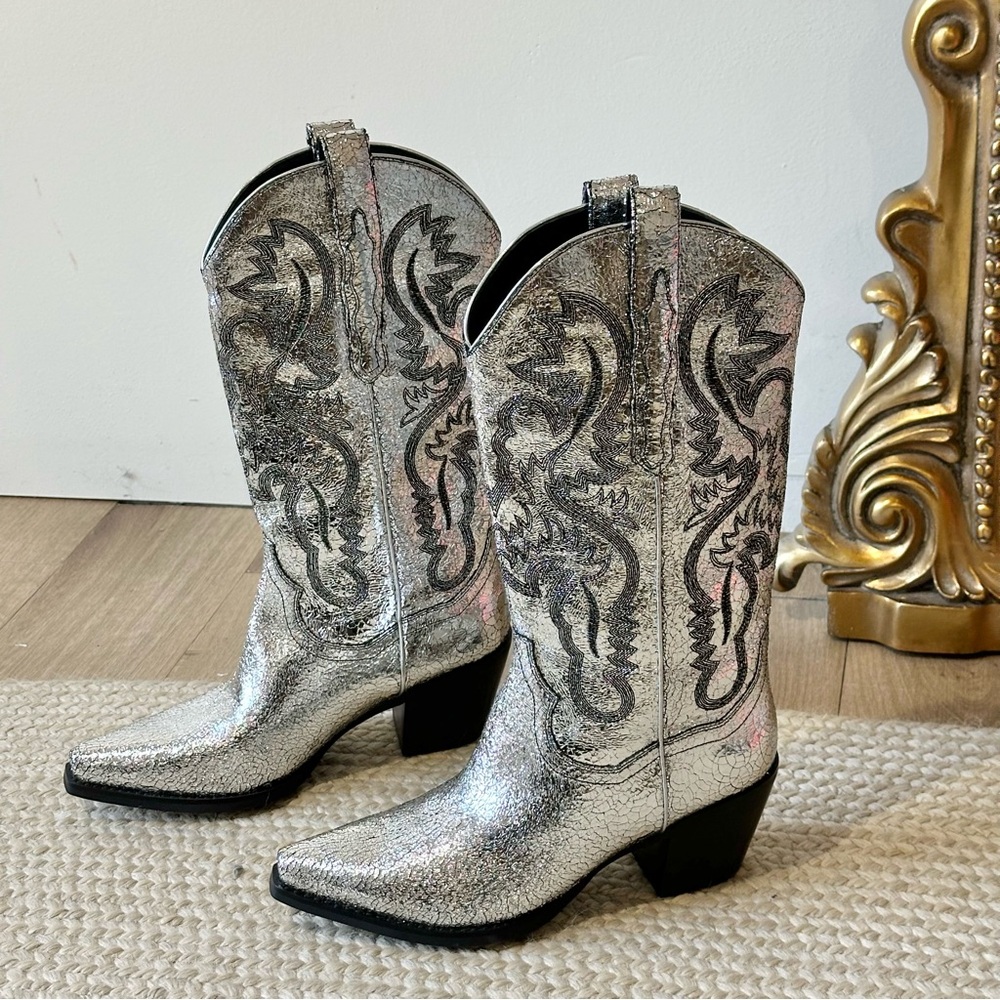 NWT New Jeffrey Campbell Dagget Western Silver Metallic Cowboy Boots Free People - Picture 4 of 10